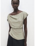 MANGO Bluza crop fara maneci din amestec de modal cu decolteu barcuta - Kaki