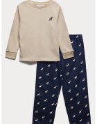 Marks & Spencer Pijama cu model si pantaloni lungi - Bej deschis/Bleumarin