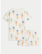 Marks & Spencer Pijama din bumbac cu model - Albastru inchis/Portocaliu pal/Crem