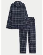 Marks & Spencer Pijama din bumbac cu model in carouri - Alb/Albastru ultramarin