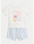 Marks & Spencer Set de pantaloni scurti si tricou din bumbac - Albastru pastel/Roz pastel/Alb murdar