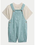 Marks & Spencer Set de salopeta si tricou din amestec de lyocell - Verde aquamarin/Bej deschis