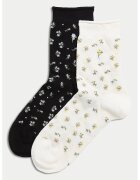 Marks & Spencer Set de sosete lungi cu model floral - 2 perechi - Alb/Negru