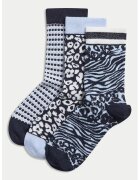 Marks & Spencer Set de sosete scurte cu animal print - 3 perechi - Alb murdar/Bleumarin