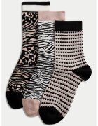 Marks & Spencer Set de sosete scurte cu animal print - 3 perechi - Negru/Bej