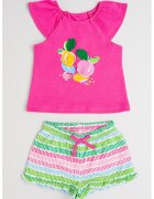 Mayoral Set de pantaloni scurti si tricou cu imprimeu - 2 piese - Alb/Fucsia/Verde deschis