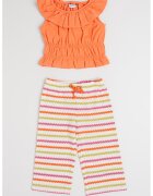 Mayoral Set de top cu volane si pantaloni drepti cu model - Alb/Coral/Verde lime