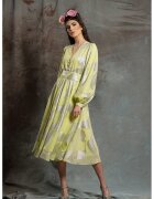 MIAU by Clara Rotescu Rochie evazata cu decolteu in V Limeta - Galben