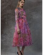 MIAU by Clara Rotescu Rochie evazata cu strat exterior semitransparent Colibri - Violet/Kaki/Roz