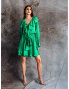 MIAU by Clara Rotescu Rochie mini cu volane si aspect satinat Novas - Verde aquamarin