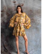 MIAU by Clara Rotescu Rochie mini de matase cu model grafic Ara - Auriu/Caramel