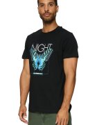 Mister tee Tricou cu decolteu la baza gatului si imprimeu grafic si text - Alb/Negru/Albastru