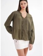 Mixray Camasa dama - bluza cu maneca lunga - croiala lejera - verde kaki - textil