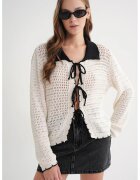 Mixray Cardigan tricotat - guler contrastant - detaliu cu siret - natural - tricot -