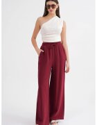 Mixray Pantaloni dama - talie inalta - textil - rosu burgundy - muselina texturata