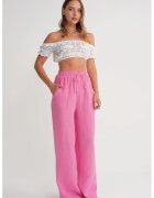 Mixray Pantaloni dama - talie inalta - textil - roz muselina texturata - Roz pudrat
