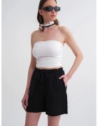 Mixray Pantaloni scurti dama - bumbac texturat - talie inalta - negru
