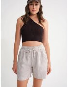 Mixray Pantaloni scurti dama - cu talie inalta - dungi - maro cafea/alb - textil