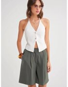 Mixray Pantaloni scurti dama - talie inalta - buzunare cu nasturi - verde kaki - textil