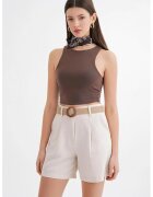 Mixray Pantaloni scurti dama - talie inalta - detaliu curea - textil bej
