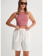 Mixray Pantaloni scurti dama - talie inalta - snur - alb - bumbac