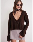 Mixray Pulover dama - Decolteu in V - Tricot - Maro inchis - One Size
