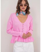 Mixray Pulover dama - Tricot - Roz pudrat - Nasturi - Decolteu in V -