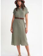 Mixray Rochie Midi - Detaliu Curea - Guler cu Nasturi - Verde Kaki - Textil