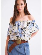 Mixray Tricou dama - imprimeu floral - umeri goi - albastru-bej - textil