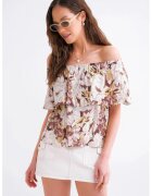 Mixray Tricou dama - imprimeu floral - umeri goi - maro camel - multicolor