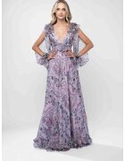 Monarh design Rochie lunga din voal de matase cu imprimeu si volane dramatice