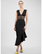 Monarh design Rochie midi neagra cu corset transparent si fusta asimetrica