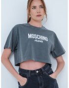 Moschino Jeans Tricou crop cu logo - Alb optic/Gri inchis