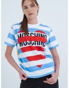 Moschino Jeans Tricou cu model in dungi si logo - Rosu/Alb optic/Albastru deschis