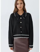 MyFashion Pulover dama - tricotat - guler polo - detalii cu panglica - negru - tricot - One Size