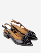 NUR Pantofi dama negri din piele lacuita cu ornament floare