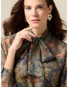 Oltre Bluza cu model floral si guler cu funda din panglici - Albastru inchis/Kaki/Caramiziu