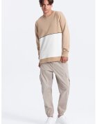 OMBRE Bluza de trening cu decolteu la baza gatului si model colorblock - Alb/Bej