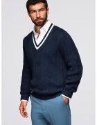 OMBRE Pulover cu decolteu in V si model torsade - Alb/Bleumarin