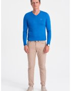 OMBRE Pulover slim fit cu decolteu in V - Albastru royal