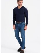 OMBRE Pulover slim fit cu decolteu in V - Bleumarin