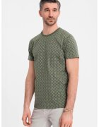OMBRE Tricou cu decolteu la baza gatului si model geometric - Verde inchis/Alb murdar