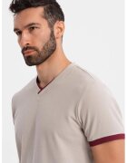 OMBRE Tricou din bumbac cu decolteu in V - Maro taupe deschis