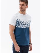 OMBRE Tricou din bumbac cu imprimeu tropical - Alb/Albastru inchis