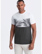 OMBRE Tricou din bumbac cu imprimeu tropical - Alb/Gri inchis