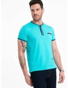 OMBRE Tricou Henley cu accente in dungi - Negru/Turcoaz