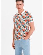 OMBRE Tricou polo cu model floral - Alb/Portocaliu/Albastru
