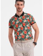 OMBRE Tricou polo cu model floral - Verde/Negru/Portocaliu mandarina