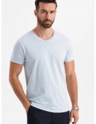 OMBRE Tricou uni cu decolteu in V - Albastru glaciar