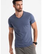 OMBRE Tricou uni cu decolteu in V - Albastru melange